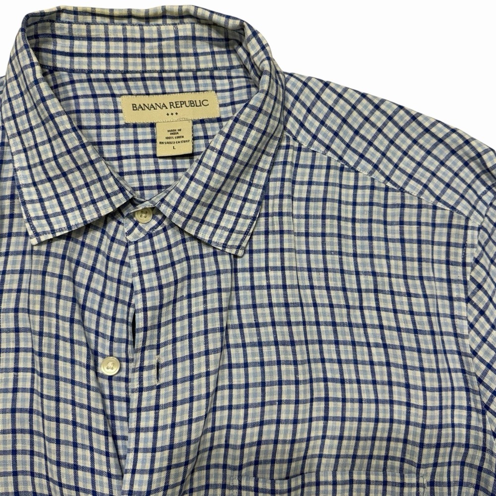 Banana Republic Linen Shirt Mens L Blue Plaid‎ Short Sleeve Summer